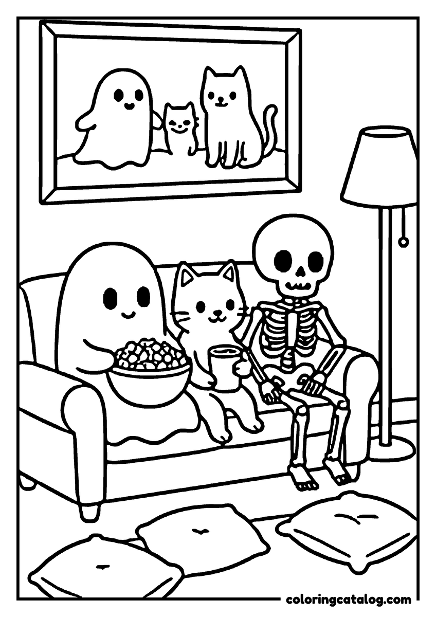 Halloween coloring page of a ghost, a cat and a skeleton sharing popcorn on a sofa under a framed family portrait