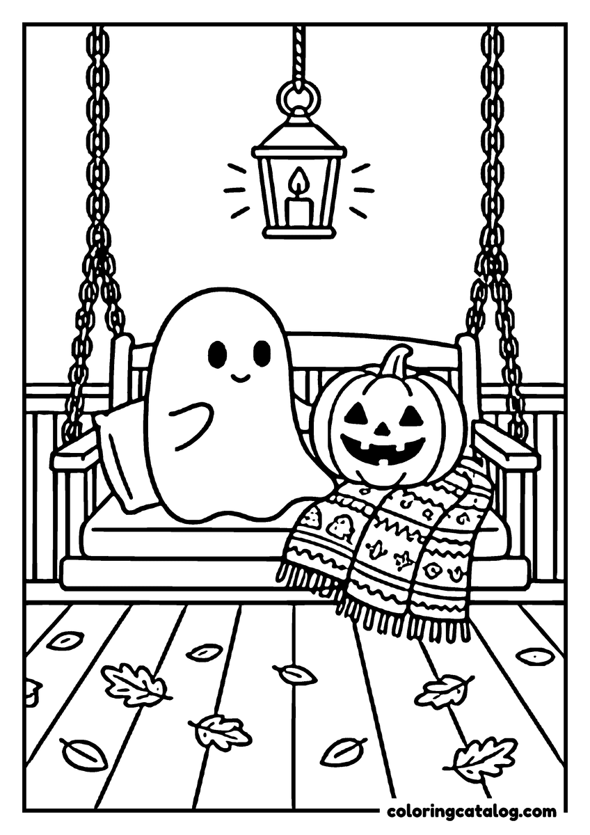 Halloween coloring page of a ghost and pumpkin character sitting on a porch swing, surrounded by autumn leaves and a lit lantern