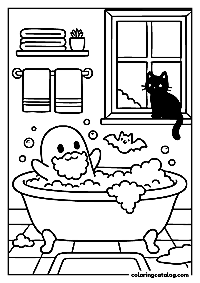 Halloween coloring page of a ghost in a bubble bath in a clawfoot tub, a bat flying by and a black cat at the window