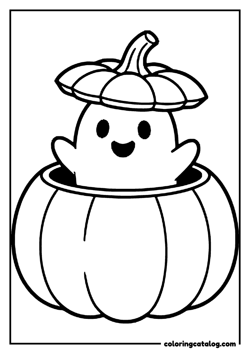 Halloween coloring page of a little ghost peeking out of a hollow pumpkin