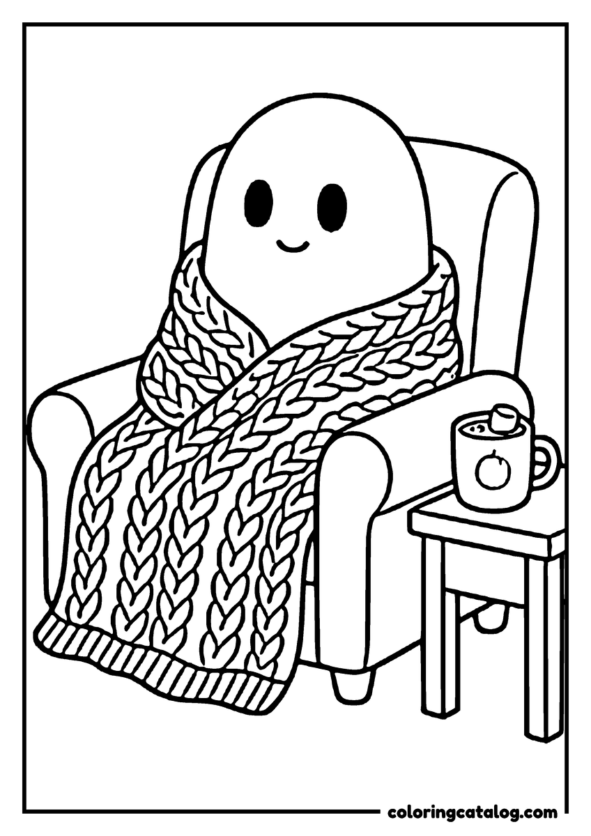 Halloween coloring page of a ghost in an armchair wrapped in a knitted blanket, a mug of cocoa on the side table