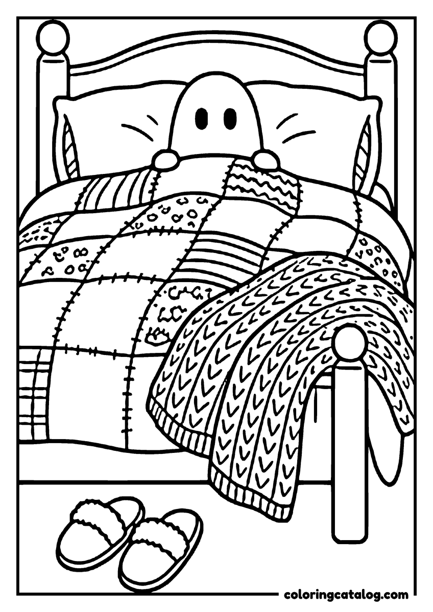 Halloween coloring page of a ghost asleep under a patchwork quilt and knitted blanket, slippers on the floor