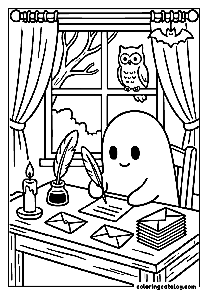 Halloween coloring page of a ghost writing letters with a quill at a desk, a candle, envelopes and an owl in the window