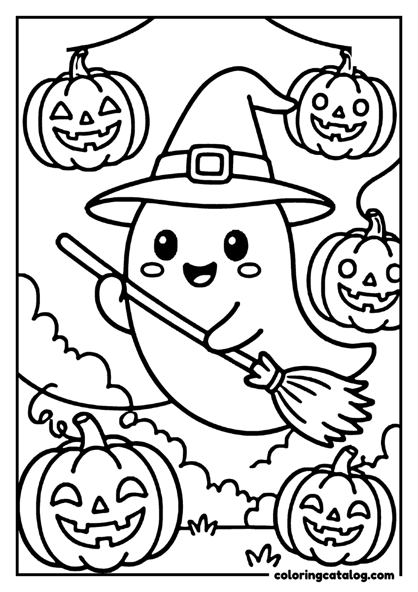 Halloween coloring page: A ghost wearing a witch hat is flying on a broomstick, surrounded by smiling pumpkins