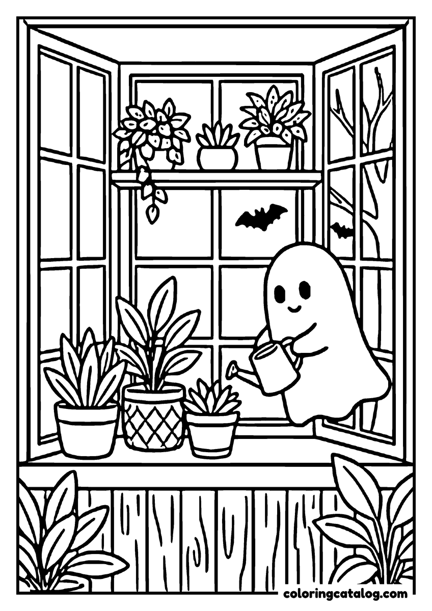 Halloween coloring page of a ghost with a watering can tending potted plants in a window nook
