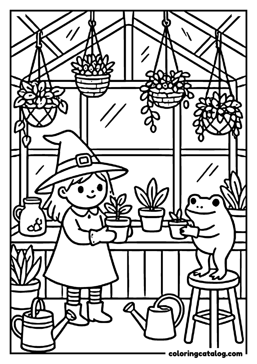 Halloween coloring page of a little witch holding a potted plant in a greenhouse, a frog on a stool holding another