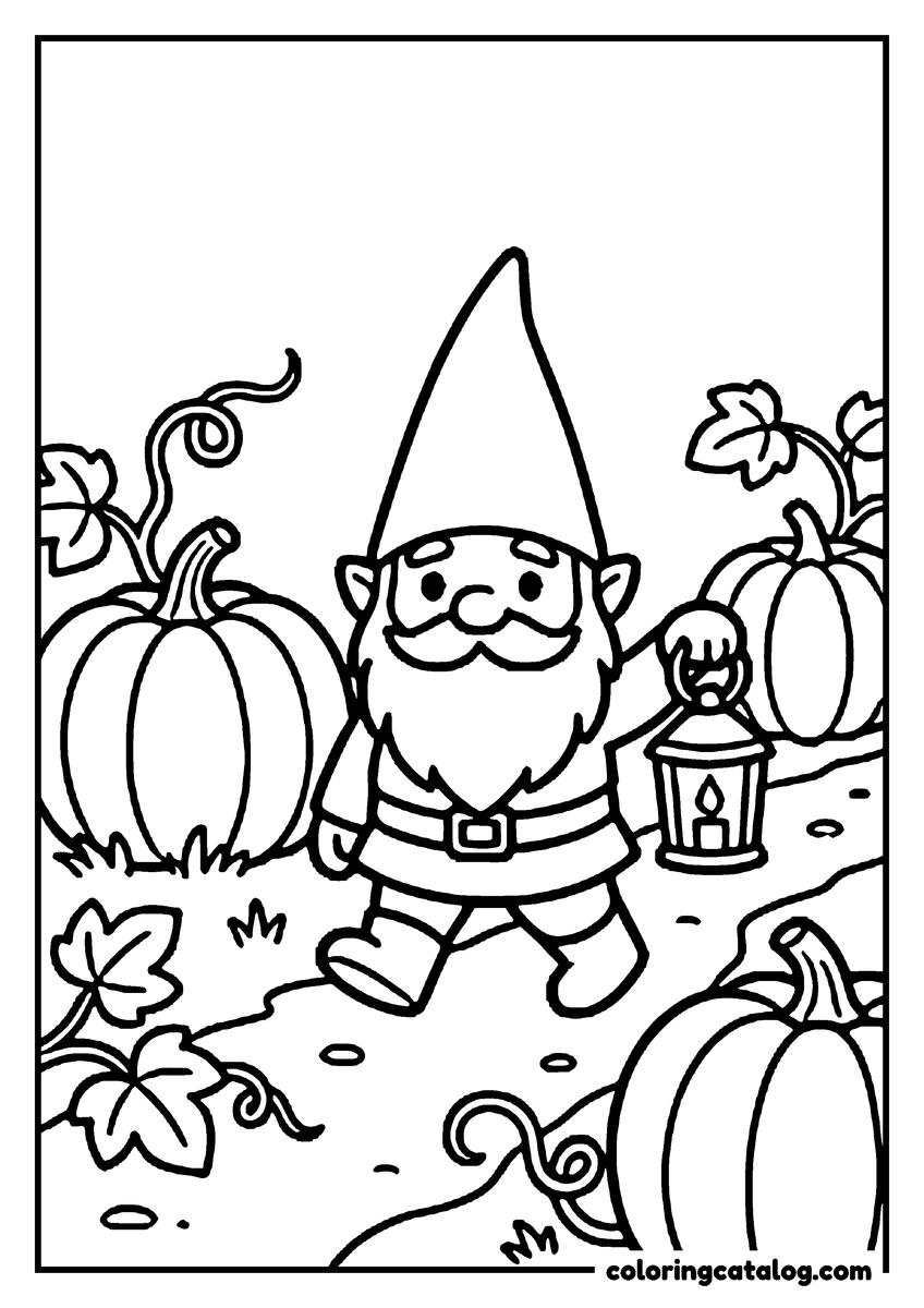 Halloween coloring page of a garden gnome carrying a lantern through a pumpkin patch