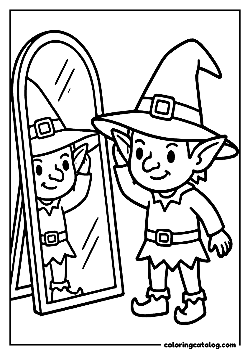 Halloween coloring page of a goblin admiring his witch hat in a tall mirror