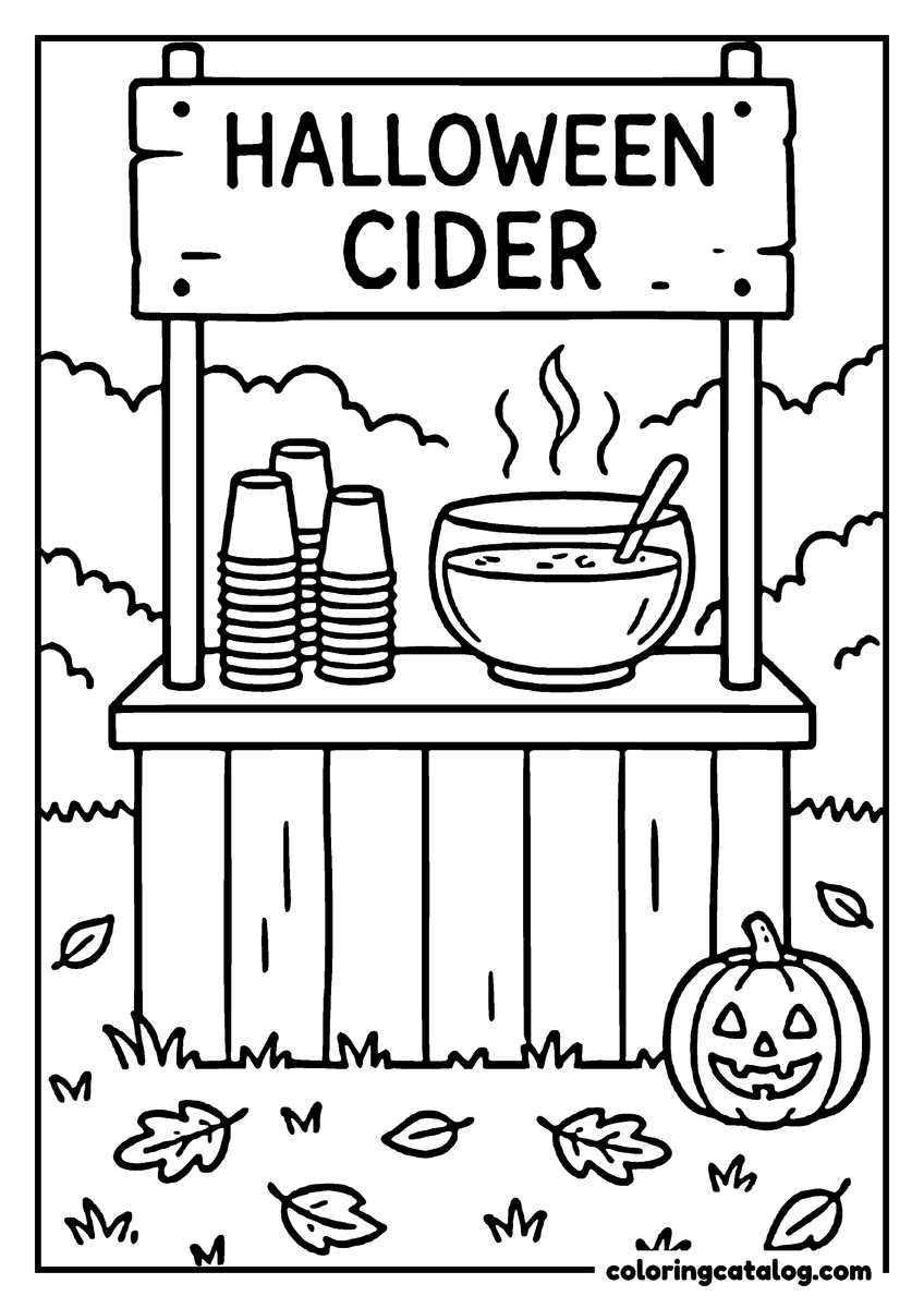 Halloween coloring page of a wooden cider stand under the sign "HALLOWEEN CIDER", a steaming punch bowl, stacked cups and a jack o'lantern