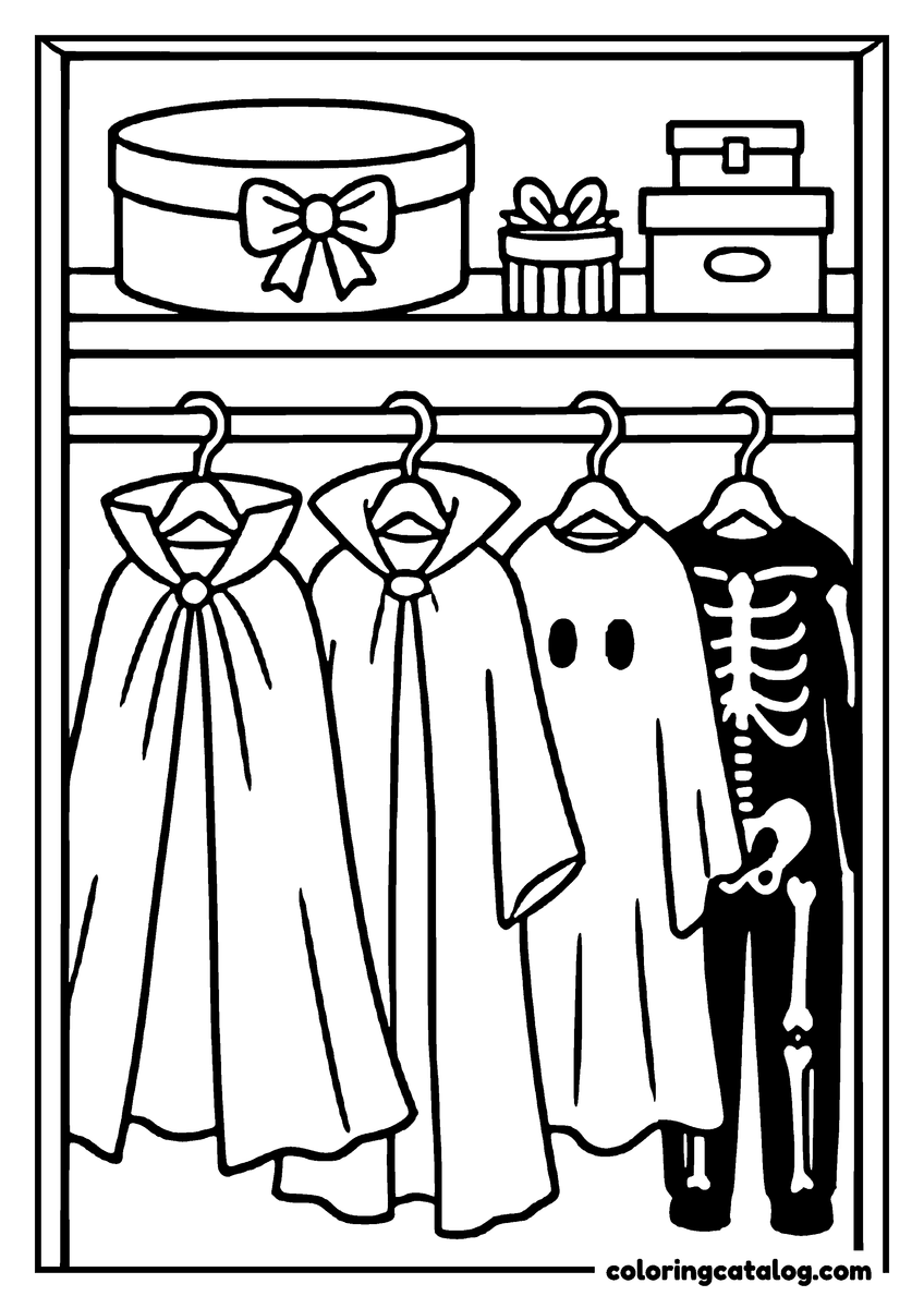 Halloween coloring page of a closet with capes, a ghost costume and a skeleton costume on hangers, hat boxes on the shelf above