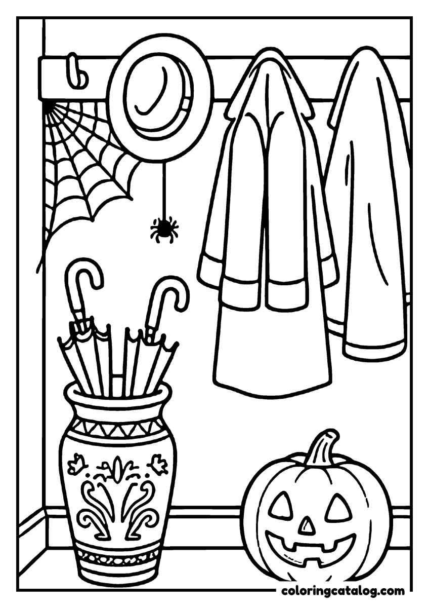 Halloween coloring page of a hallway with coats and a hat on hooks, umbrellas in a vase, a jack o'lantern and a spider in its web