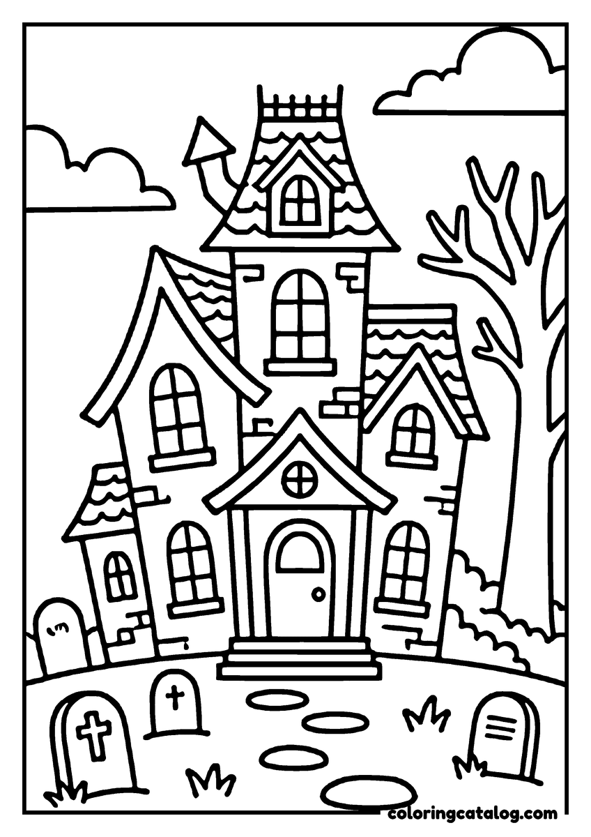 Free printable coloring sheet: Halloween haunted house with tombstones and a moon in the sky