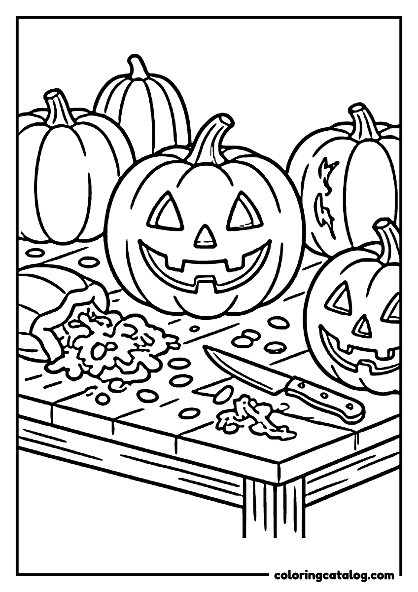 Halloween coloring page of carved jack o'lanterns on a wooden table with a knife and pumpkin seeds