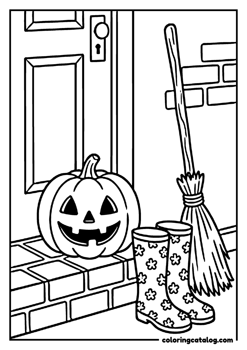 Halloween coloring page of a Halloween pumpkin on a brick doorstep, next to a broom and a pair of flowered rain boots by the front door