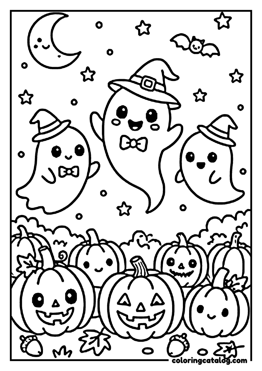 Halloween coloring page: Three cute ghosts wearing witch hats, surrounded by pumpkins and stars in the sky