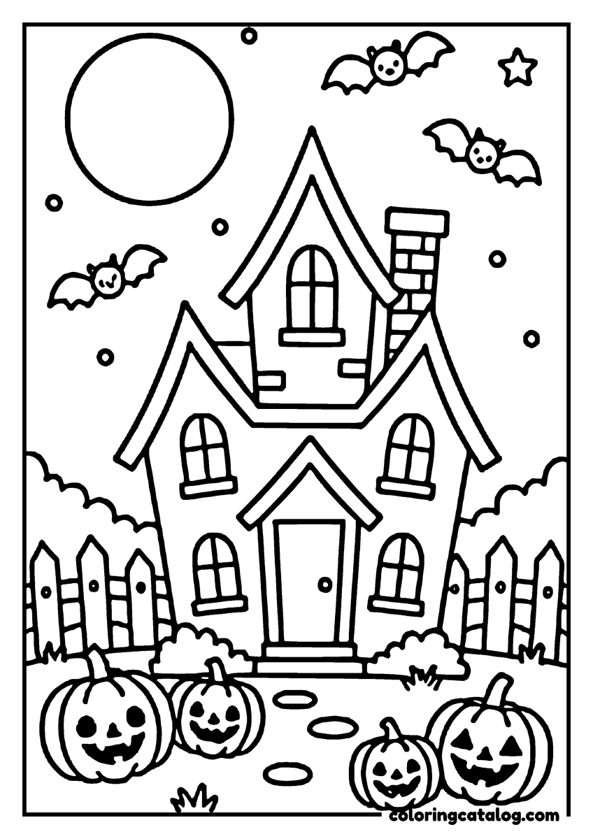 Printable Halloween coloring page: A haunted house with bats, pumpkins, and a full moon in the sky