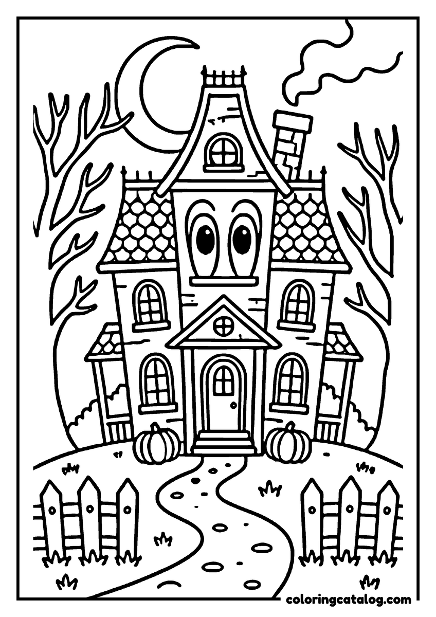 Halloween coloring page: A haunted house with eyes and a moon above, surrounded by pumpkins and a fence