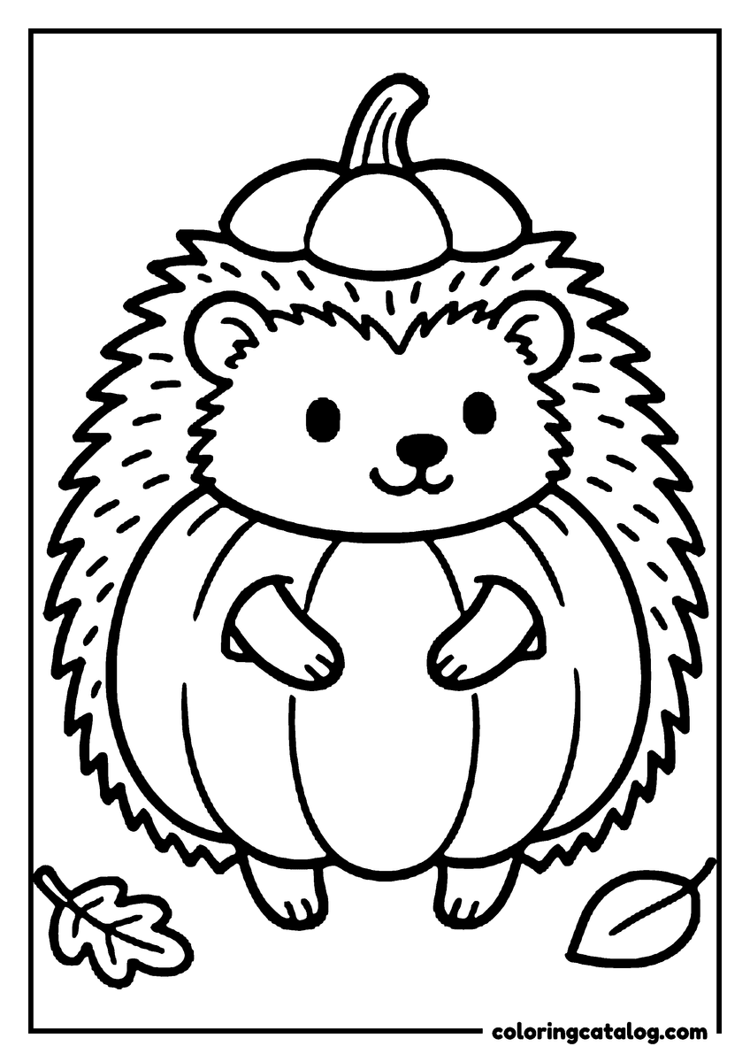 Halloween coloring page of a hedgehog sitting in a pumpkin with the lid on its head