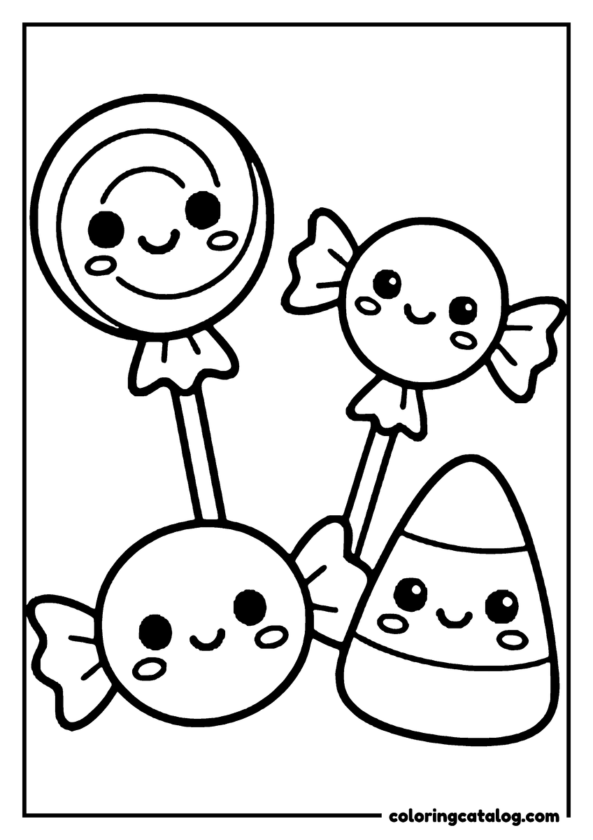 Printable Halloween coloring page: Two cute candy characters, one lollipop and one candy corn, smiling and waving