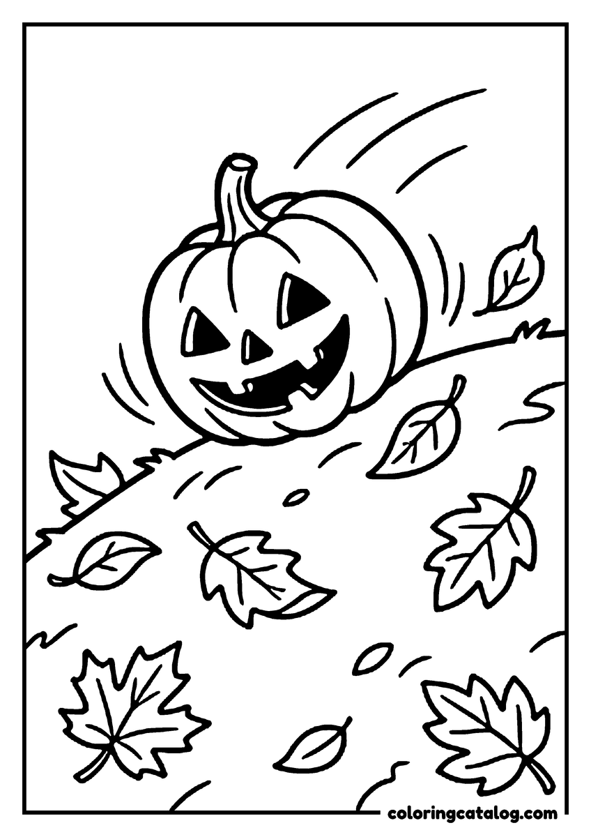 Halloween coloring page of a jack o'lantern rolling down a hill through falling leaves