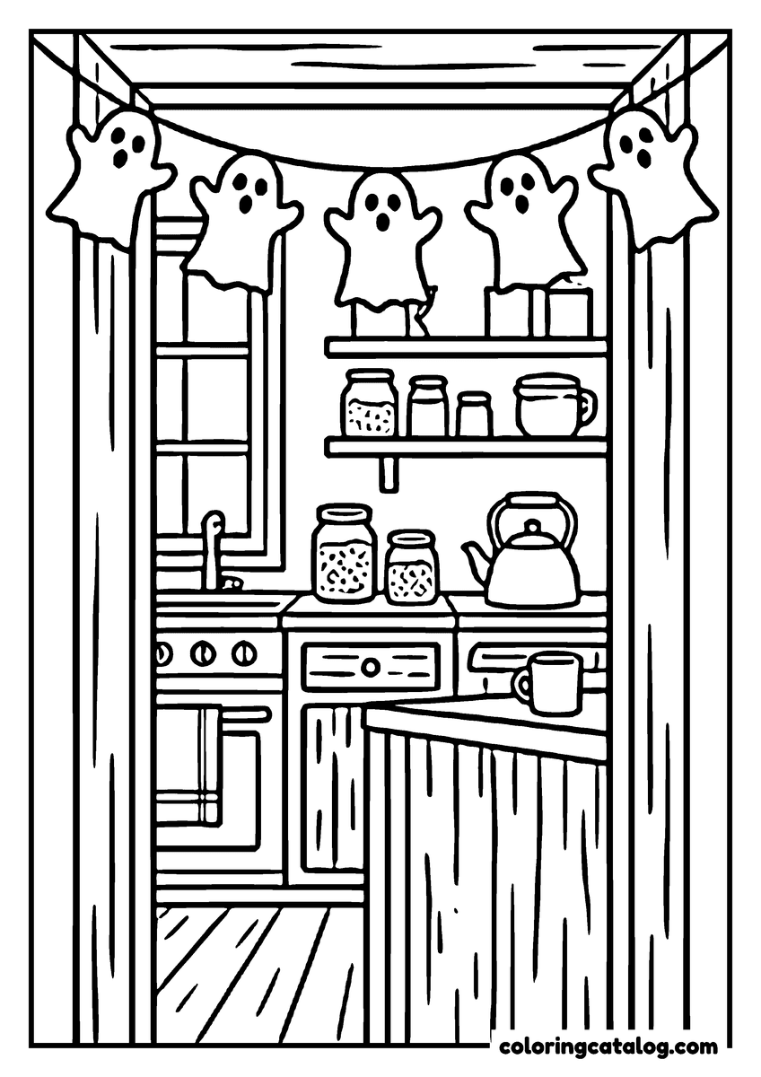 Halloween coloring page of a kitchen hung with a garland of paper ghosts, jars on the shelves and a kettle on the stove