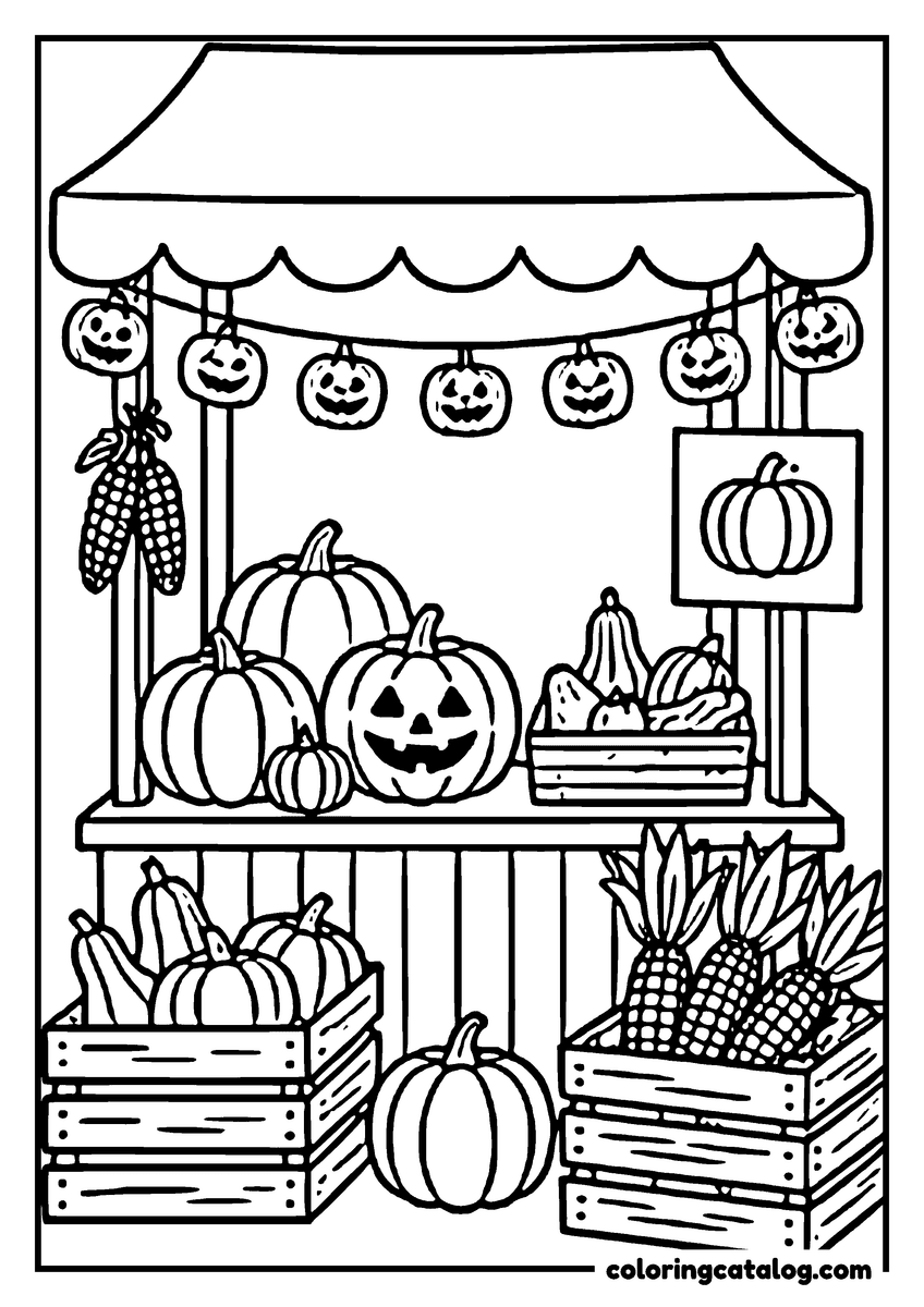 Halloween coloring page of a market stall of pumpkins and gourds under a striped awning, a garland of jack-o'-lanterns above and crates below