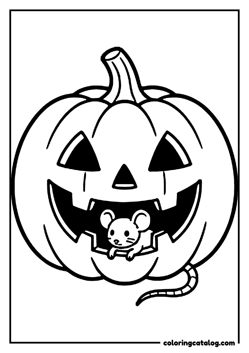 Halloween coloring page of a mouse peeking out of a jack o'lantern's grin