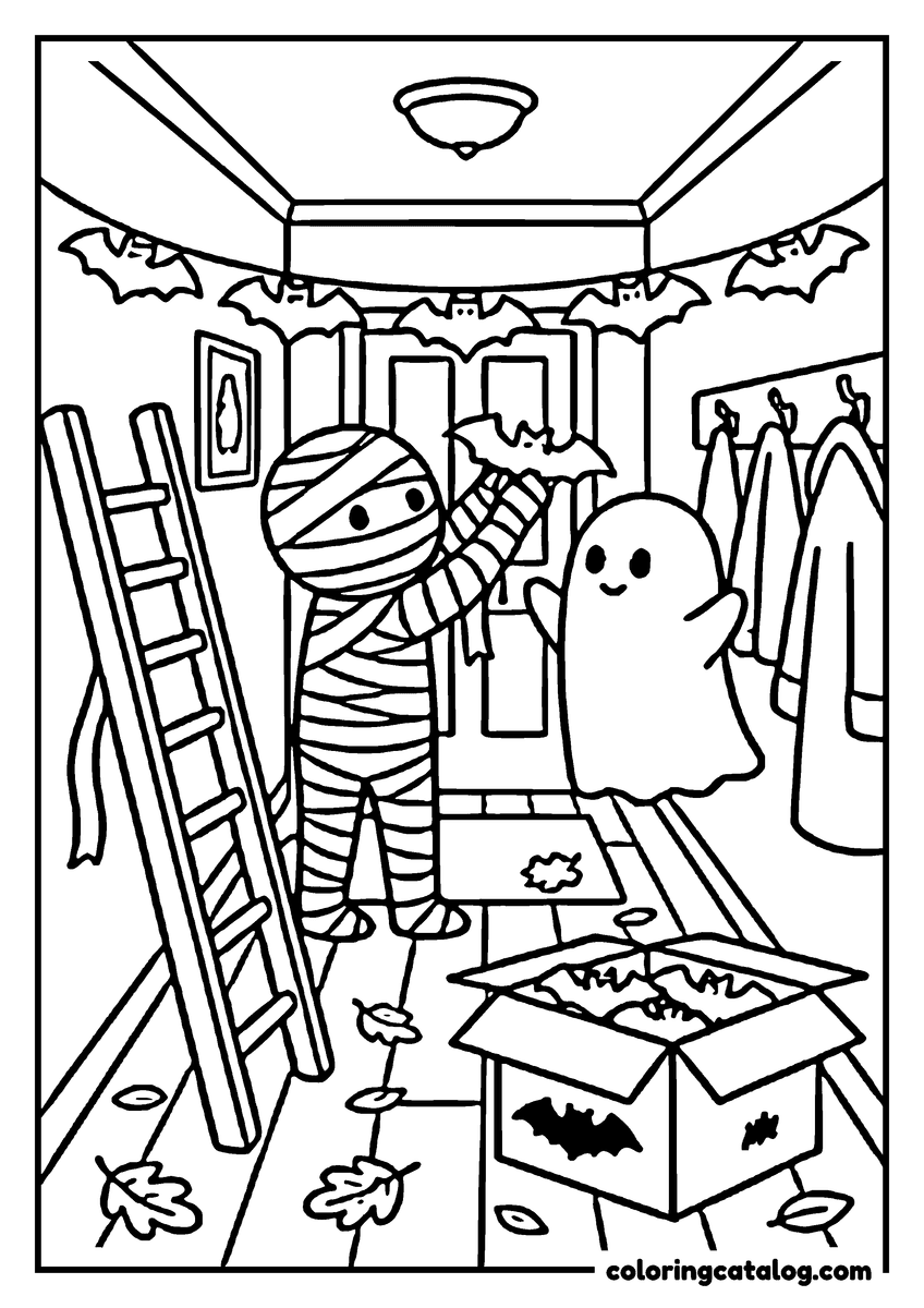 Halloween coloring page of a mummy on a ladder and a ghost hanging bat garlands in a room, a box of decorations on the floor