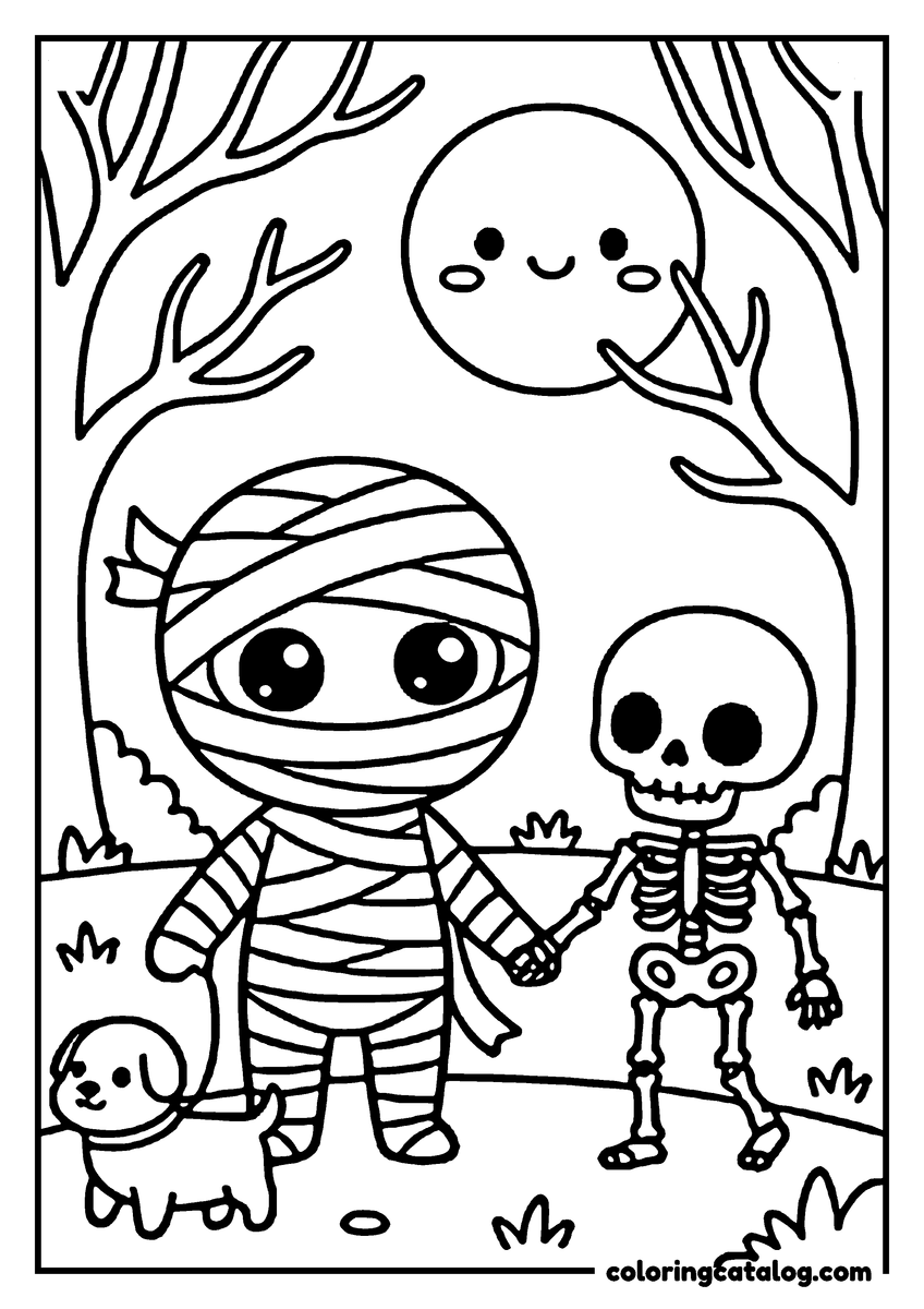 Printable Halloween coloring page: A mummy and a skeleton holding hands in a spooky forest with a ghostly moon above