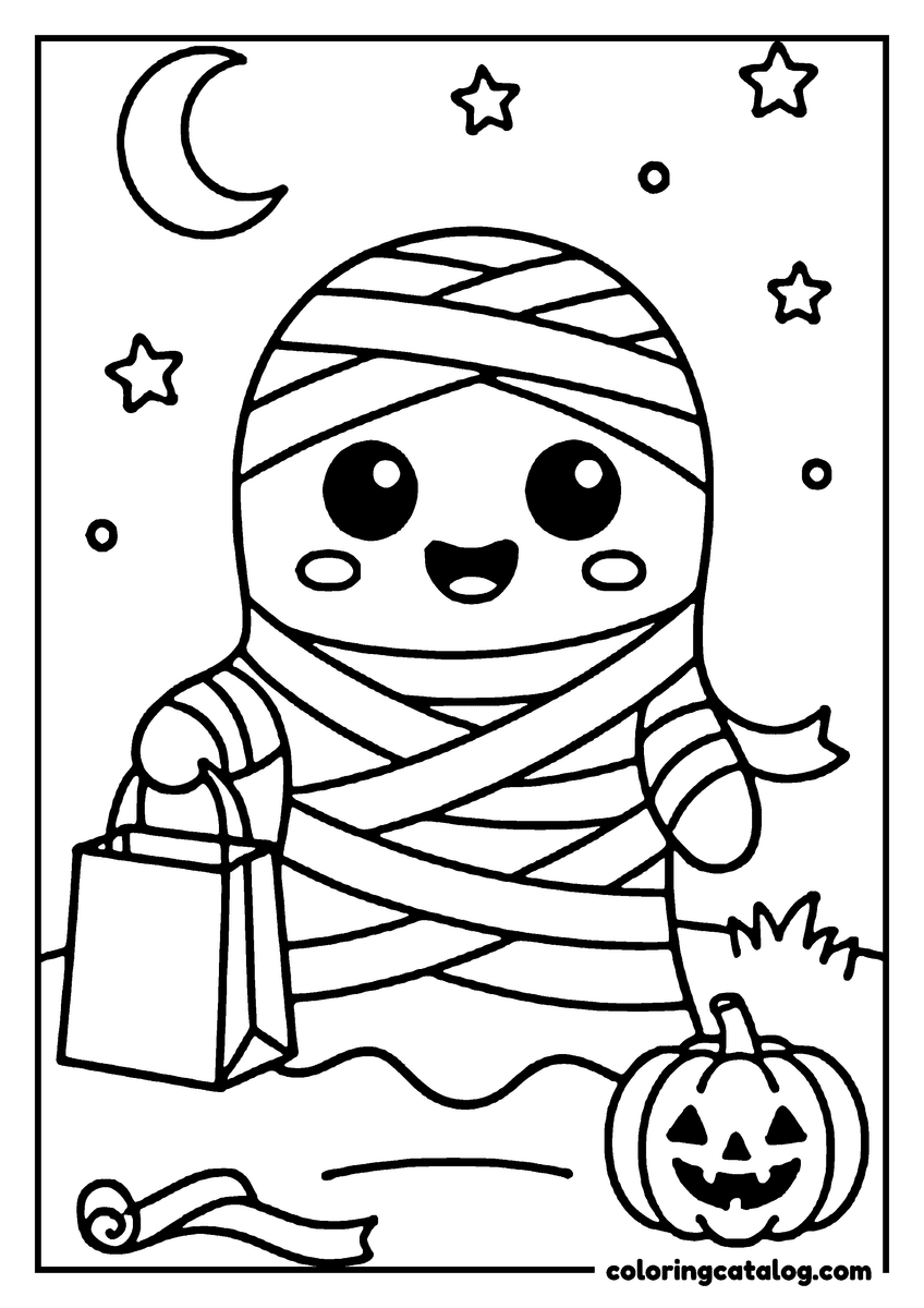 Halloween coloring page of a smiling mummy holding a treat bag beside a jack o'lantern under a crescent moon and stars