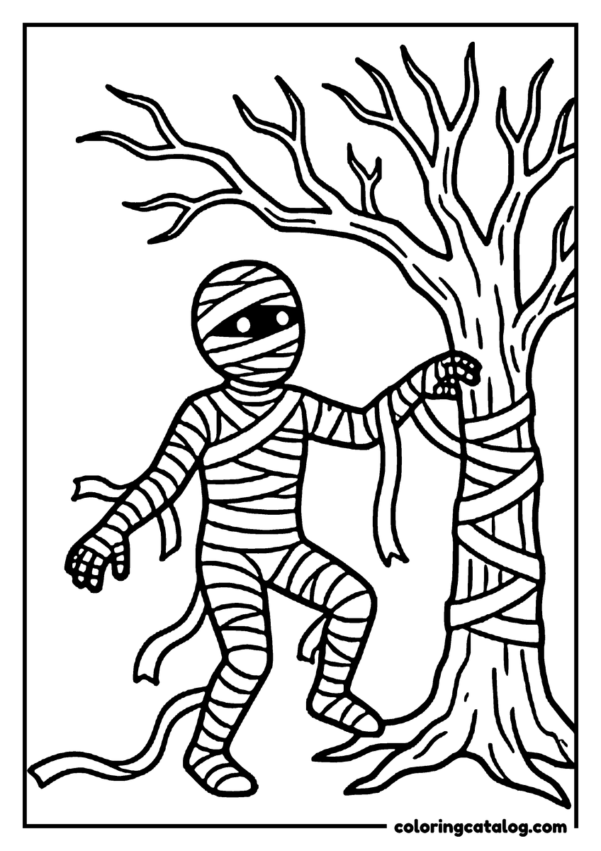 Halloween coloring page of a mummy whose bandages are caught around a bare tree