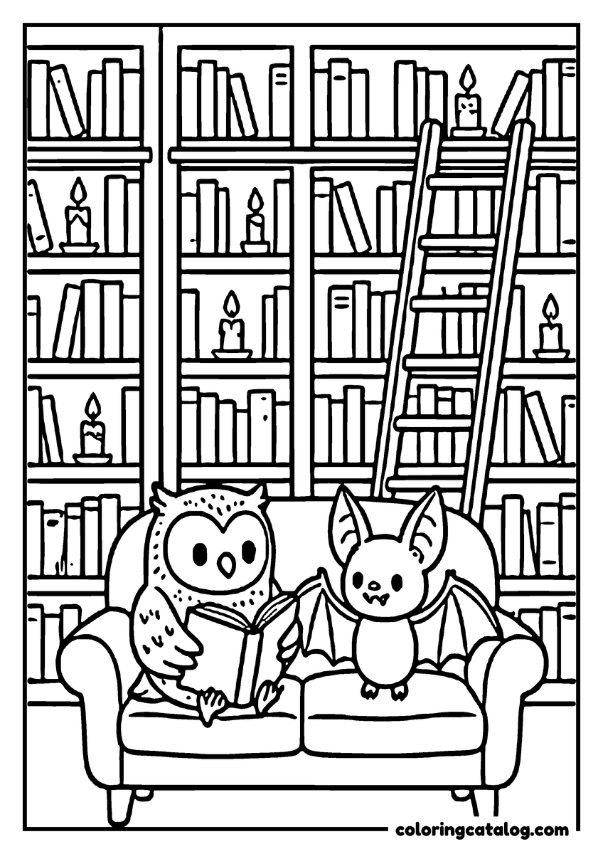 Halloween coloring page of an owl and a bat reading a book on a sofa in a library with tall shelves, a ladder and candles