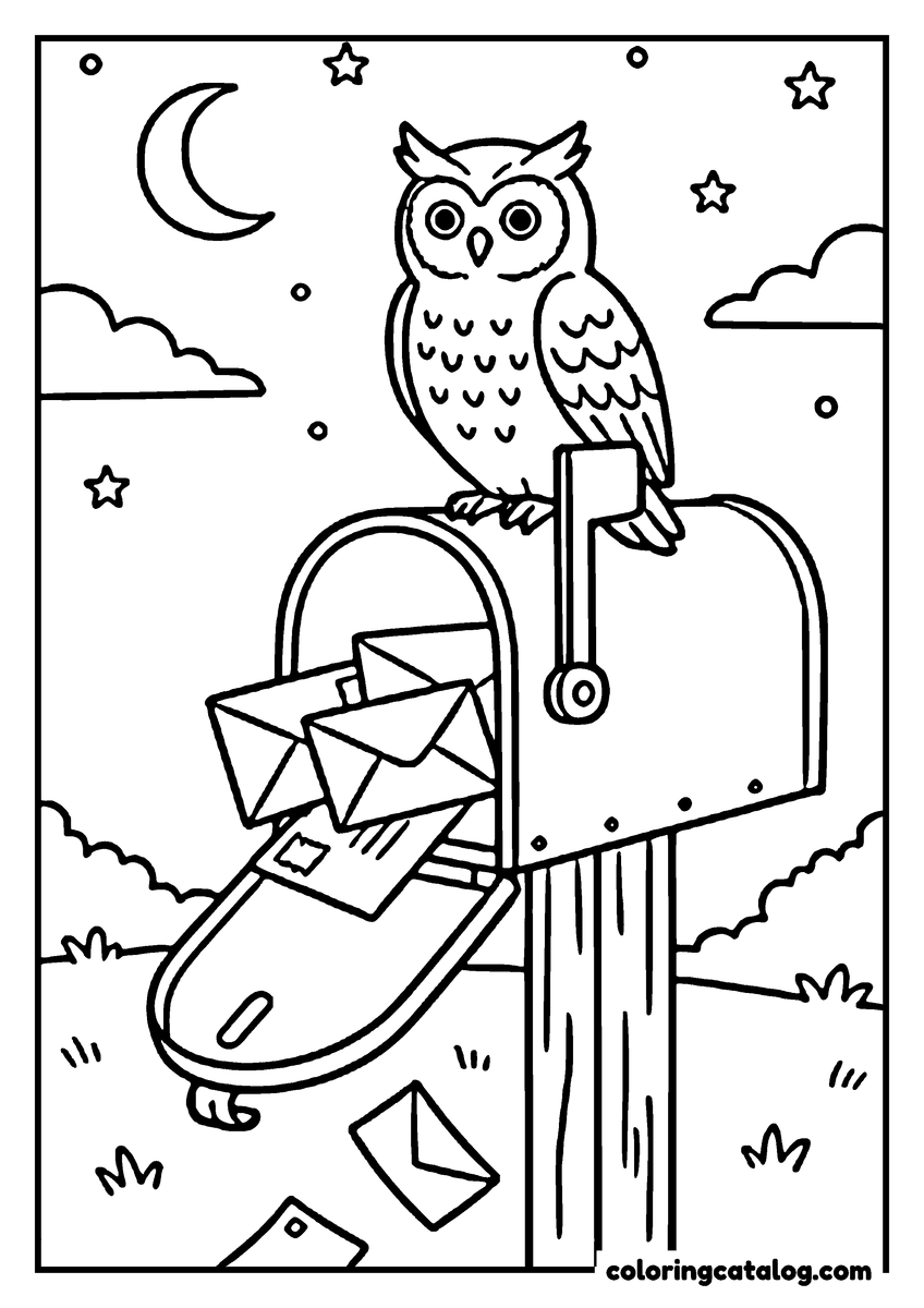 Halloween coloring page of an owl perched on a mailbox full of letters, under a crescent moon and stars