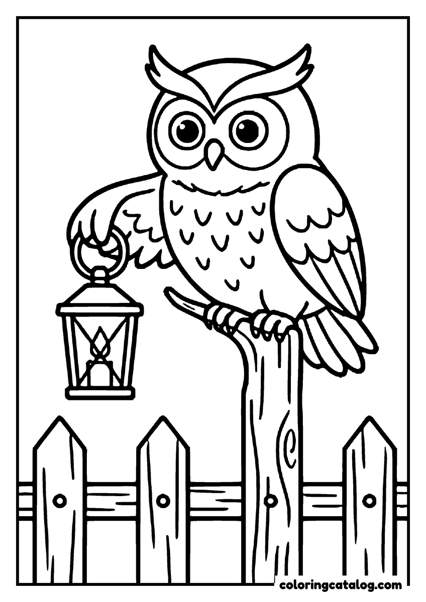Halloween coloring page of an owl on a fence post holding a lantern