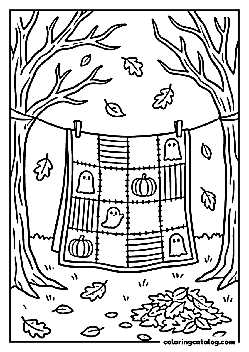 Halloween coloring page of a patchwork quilt of ghosts and pumpkins pegged on a washing line between two bare trees
