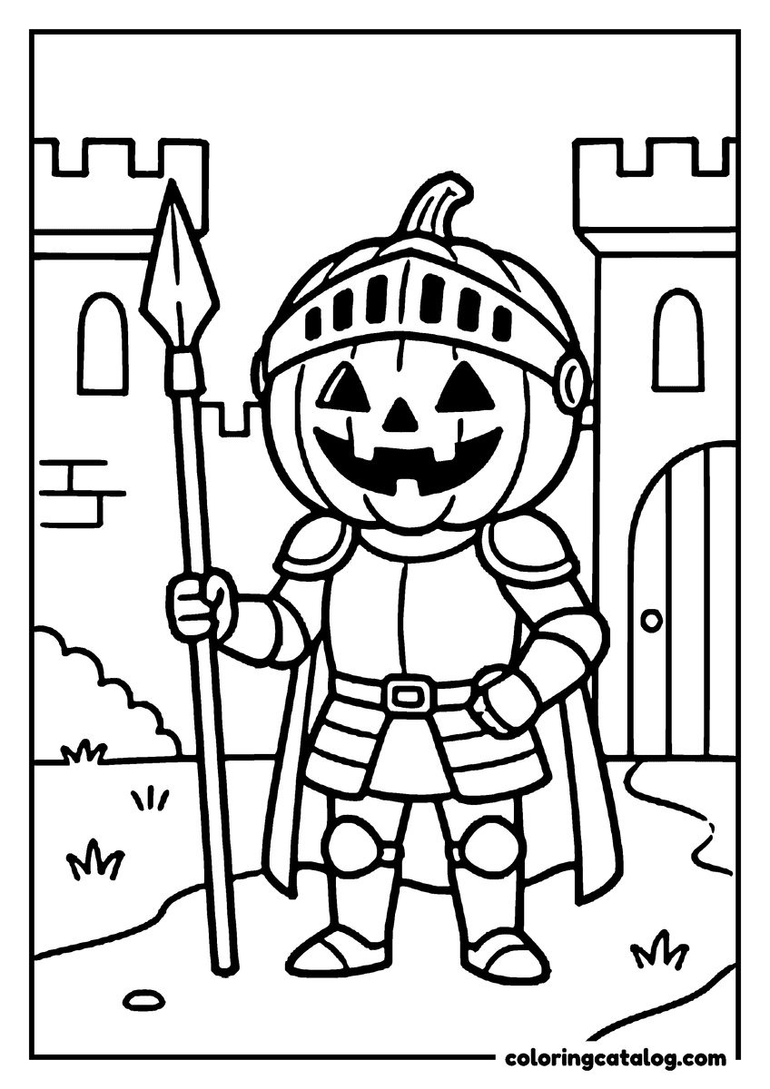 Halloween coloring page of a knight with a jack o'lantern head holding a spear by a castle