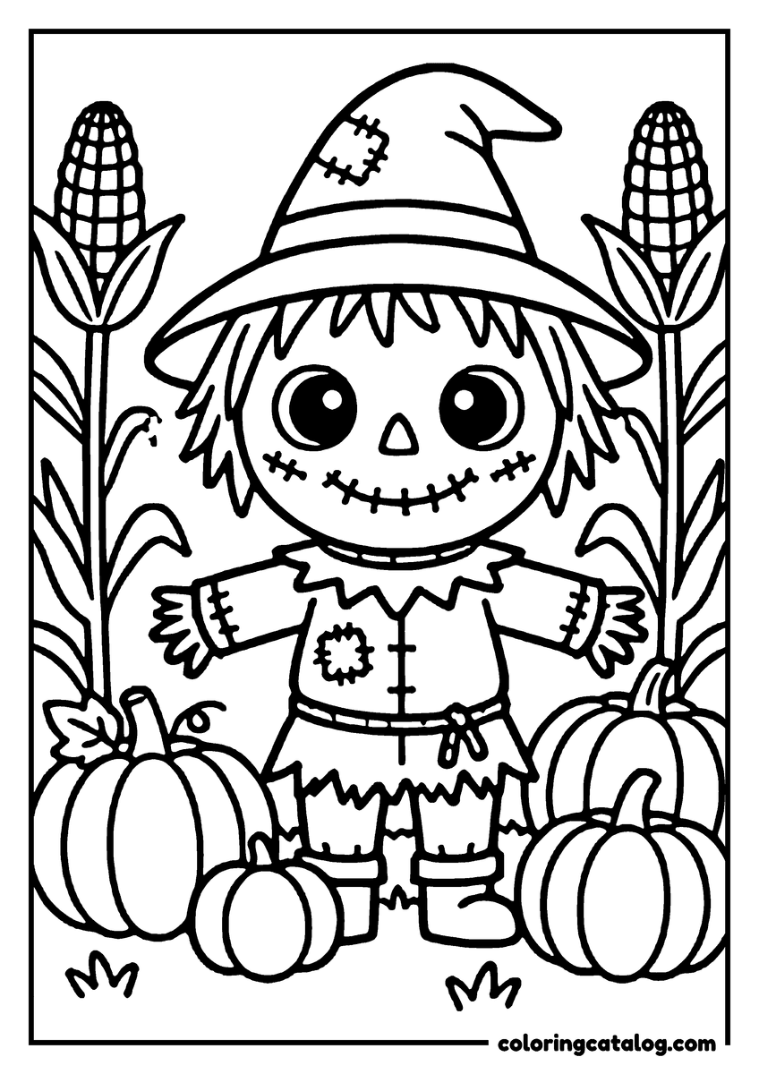 Printable coloring page: A scarecrow stands in a cornfield, surrounded by pumpkins and corn stalks, ready for Halloween