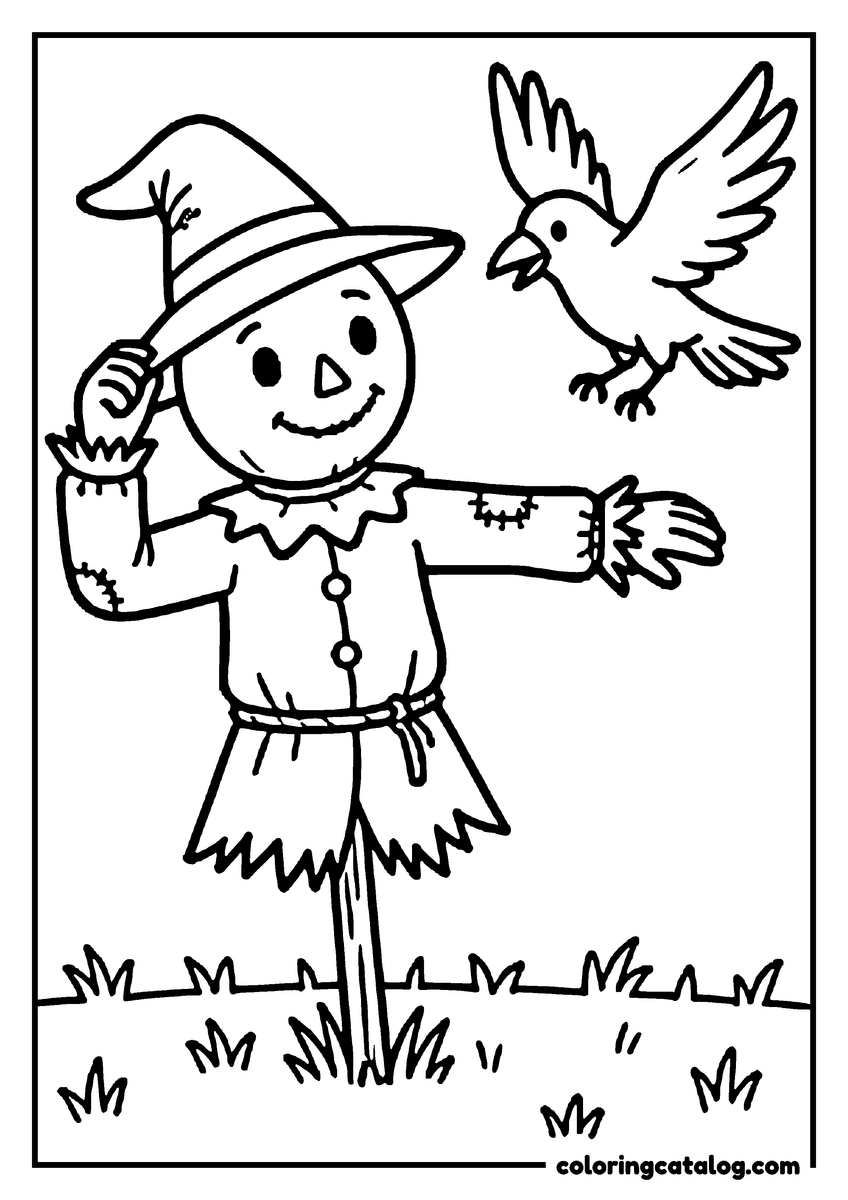 Halloween coloring page of a scarecrow tipping his witch hat as a crow flies by