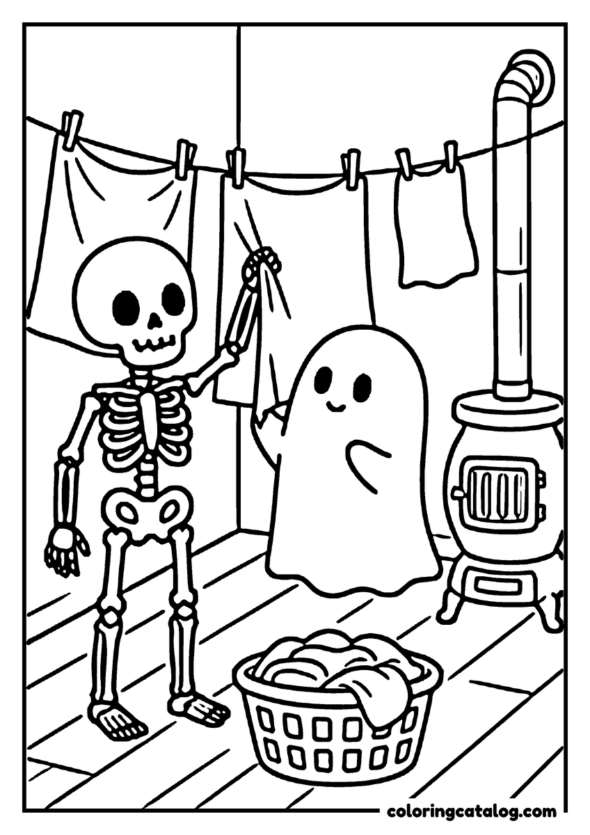 Halloween coloring page of a skeleton and a ghost pegging laundry on a line indoors, a wood stove and a laundry basket beside them