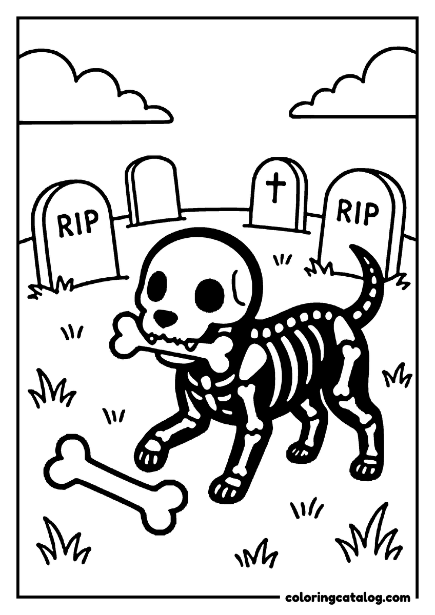 Halloween coloring page of a skeleton dog carrying a bone past the tombstones