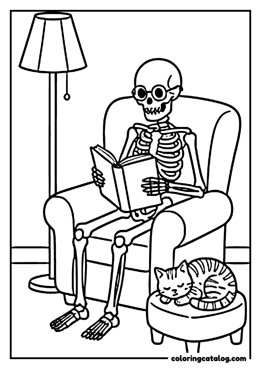 Halloween coloring page of a skeleton reading a book in an armchair, a cat asleep on the footstool