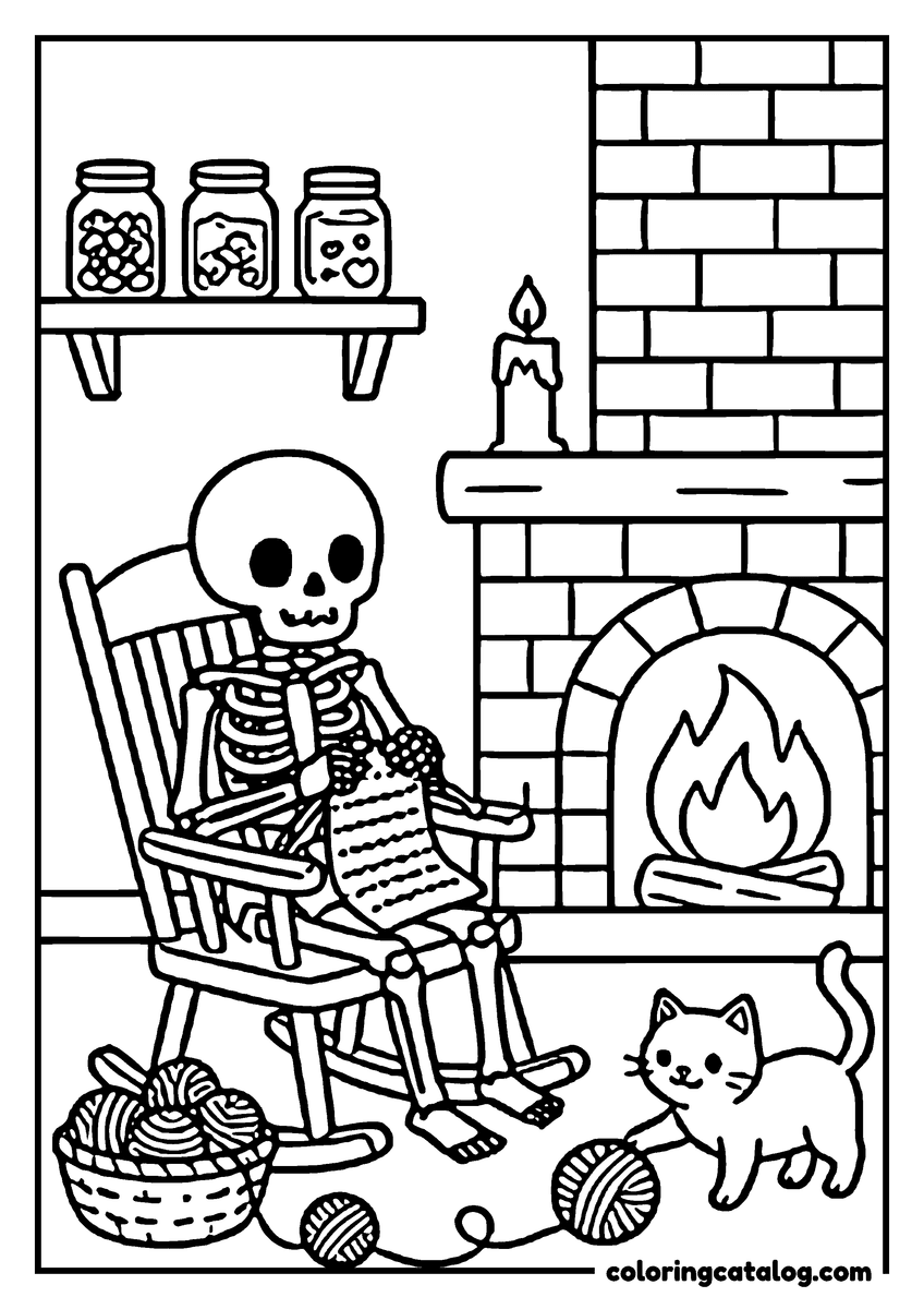Halloween coloring page of a skeleton knitting in a rocking chair by the fireplace, a kitten playing with yarn