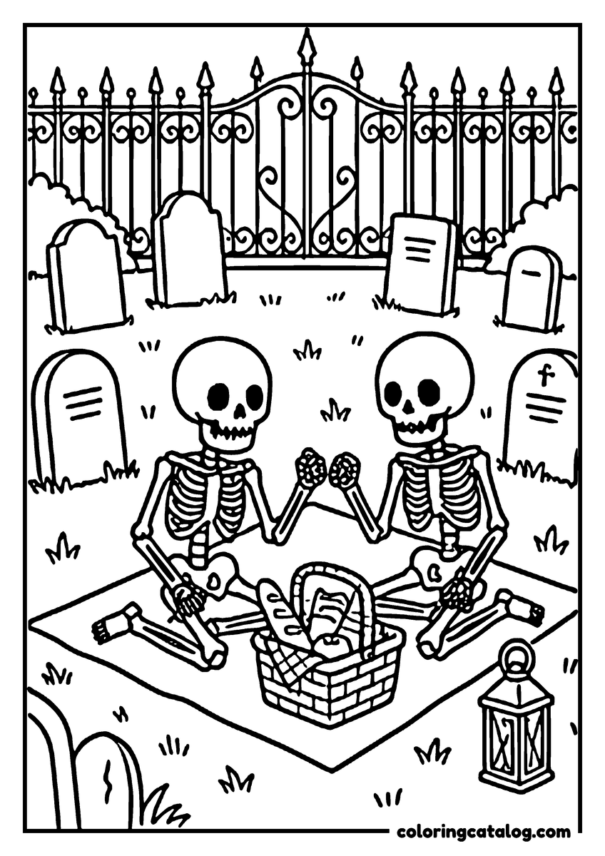 Halloween coloring page of two skeletons having a picnic in a graveyard, surrounded by tombstones and a lantern