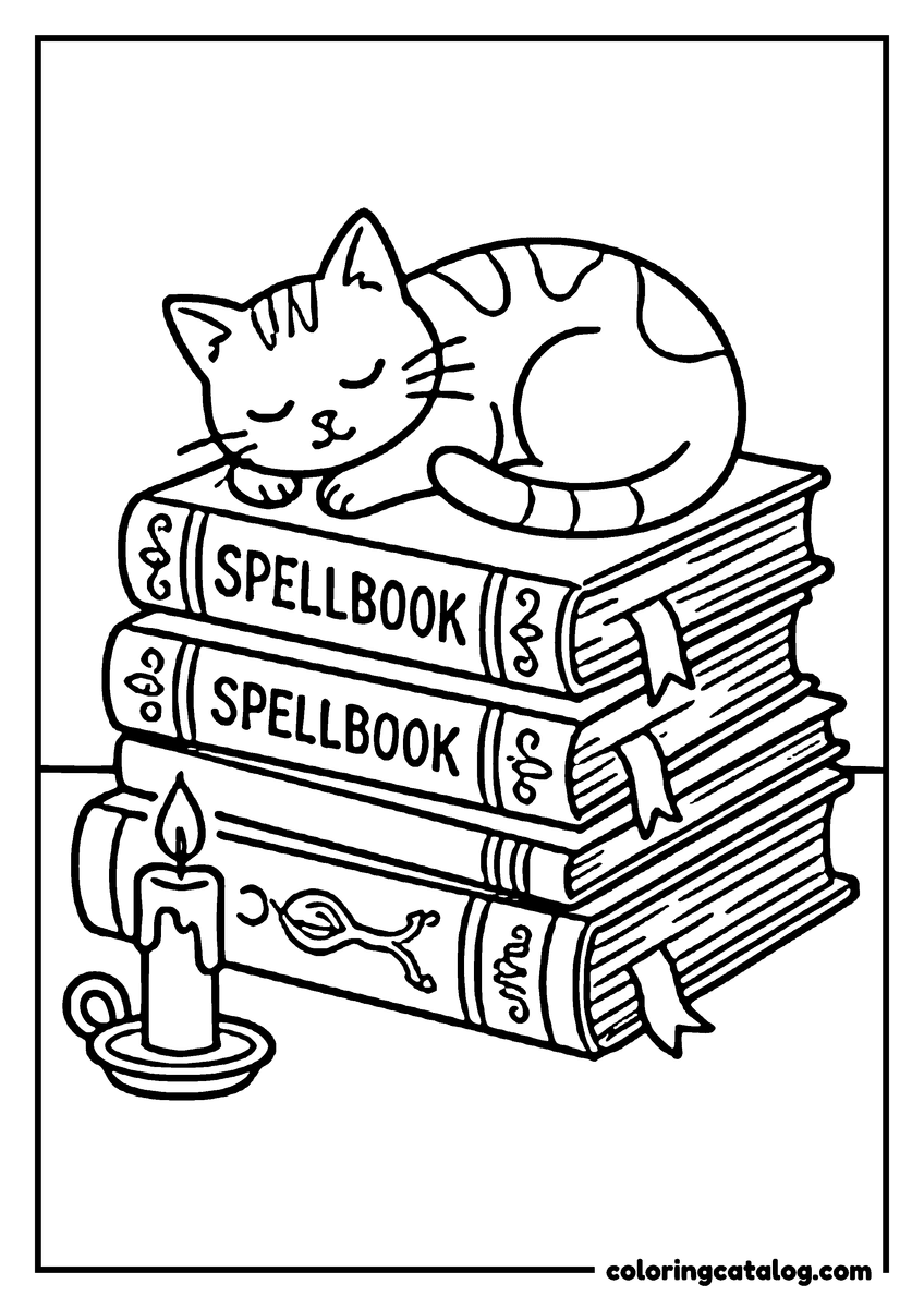 Halloween coloring page of a cat asleep on a stack of books labeled SPELLBOOK, a lit candle beside them