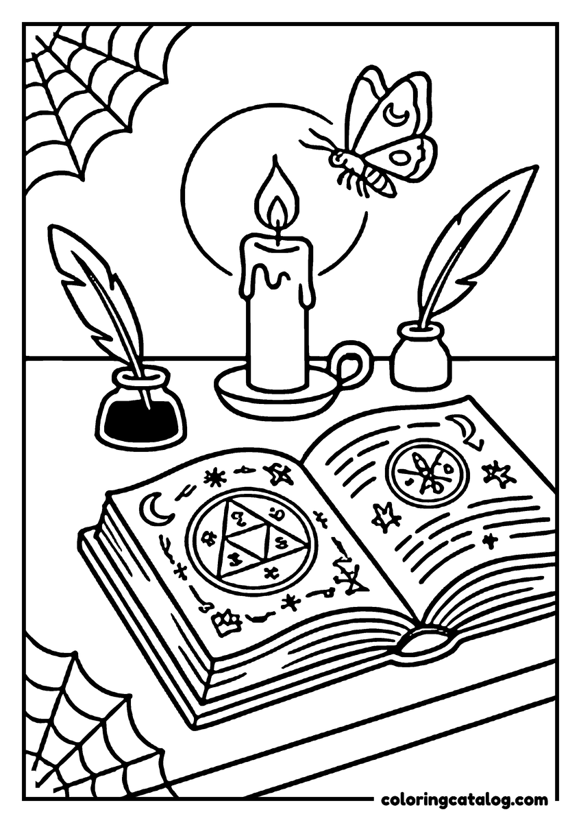 Halloween coloring page of a spell book with symbols, a lit candle, and a butterfly in the moonlight