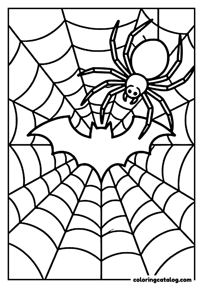 Halloween coloring page of a spider in a web shaped around a bat