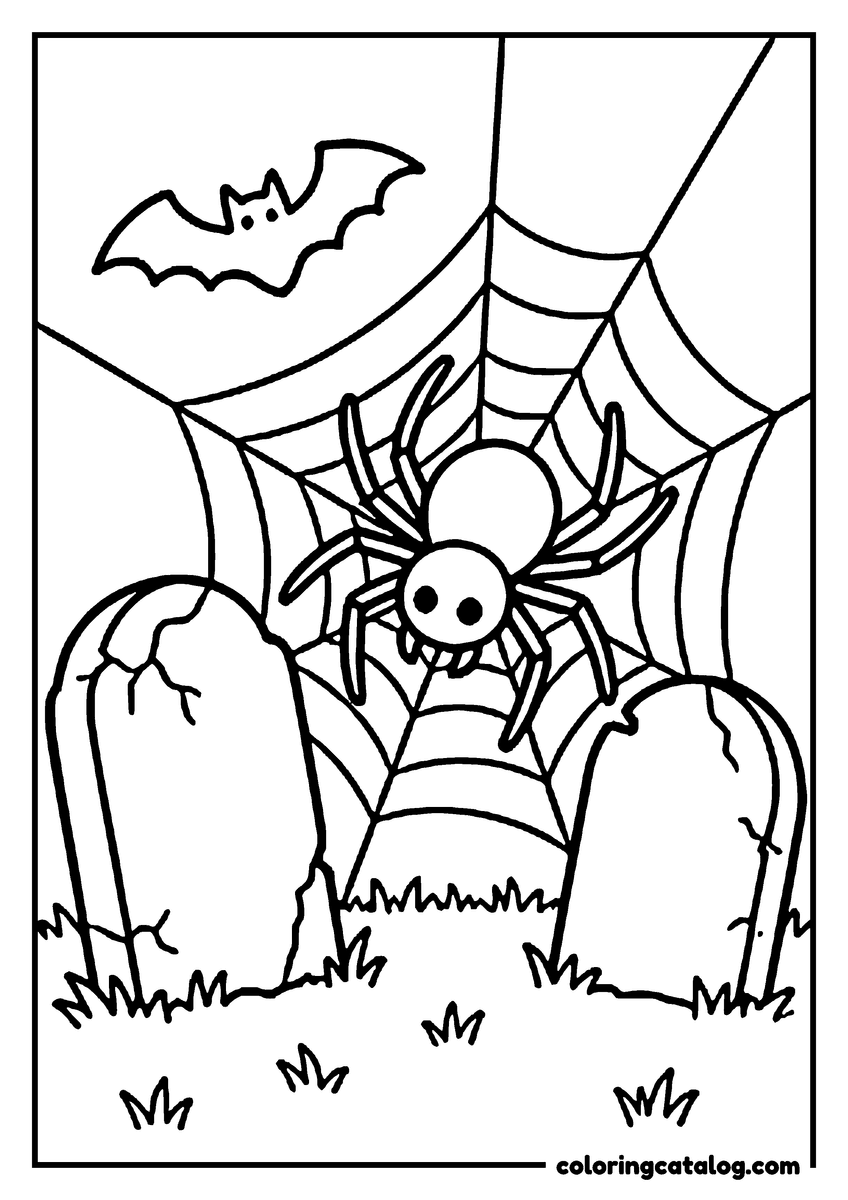 Halloween coloring page of a spider in its web between two tombstones with a bat overhead