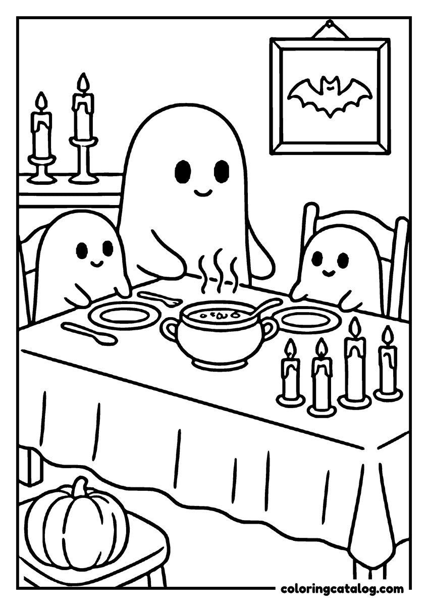 Halloween coloring page of three ghosts at a candlelit dinner table with a pot of soup, a pumpkin on the bench