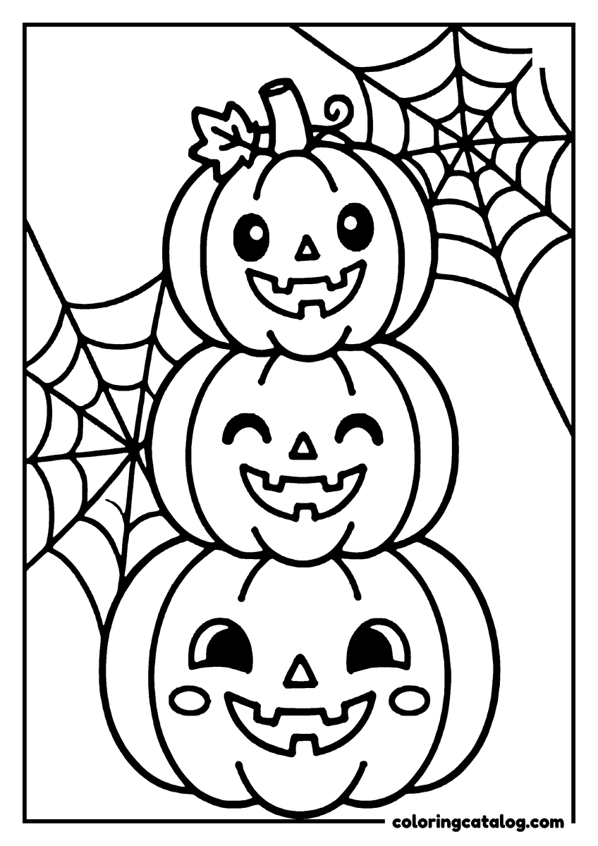 Printable Halloween coloring page: Three smiling pumpkins stacked on top of each other, surrounded by a spider web