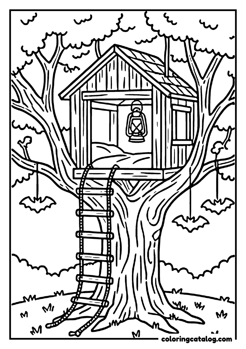 Halloween coloring page of a treehouse with a lantern at its door, paper bats hanging from the branches around it